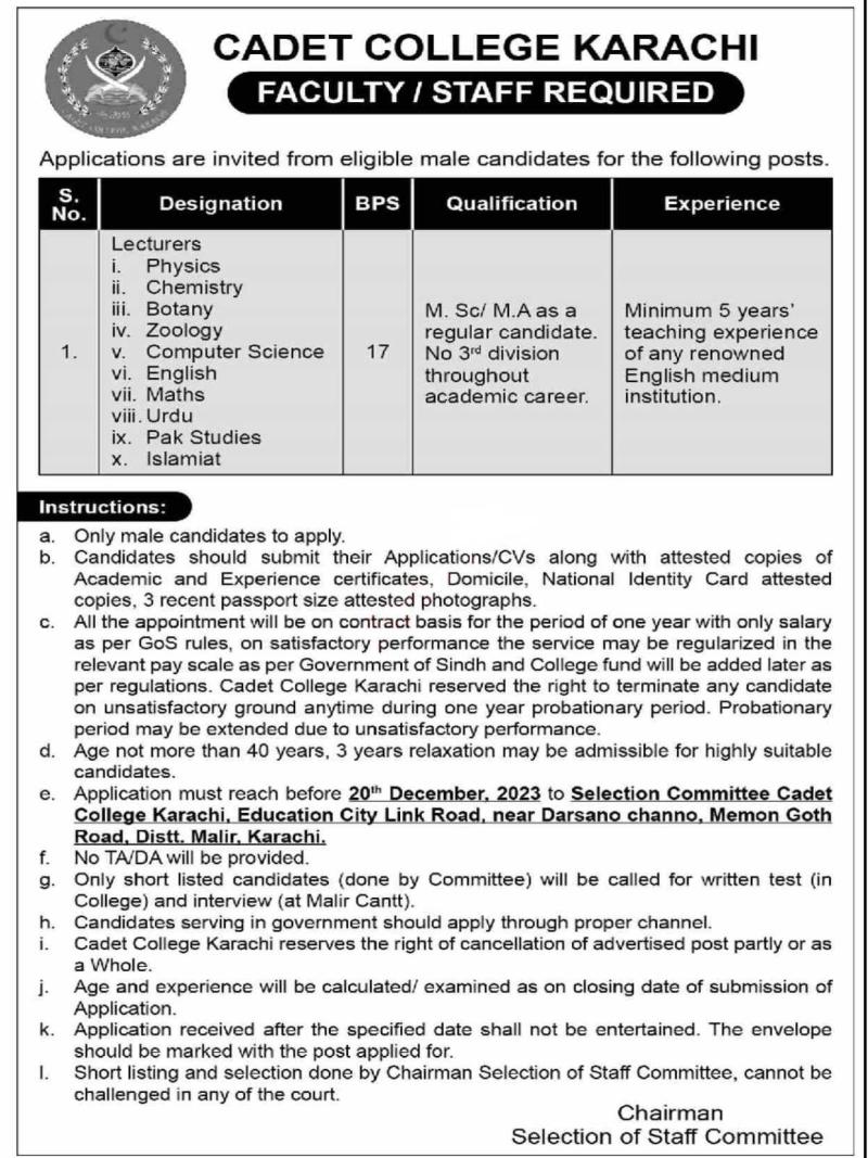 Latest Jobs in Cadet College Karachi 2023 Official Advertisement