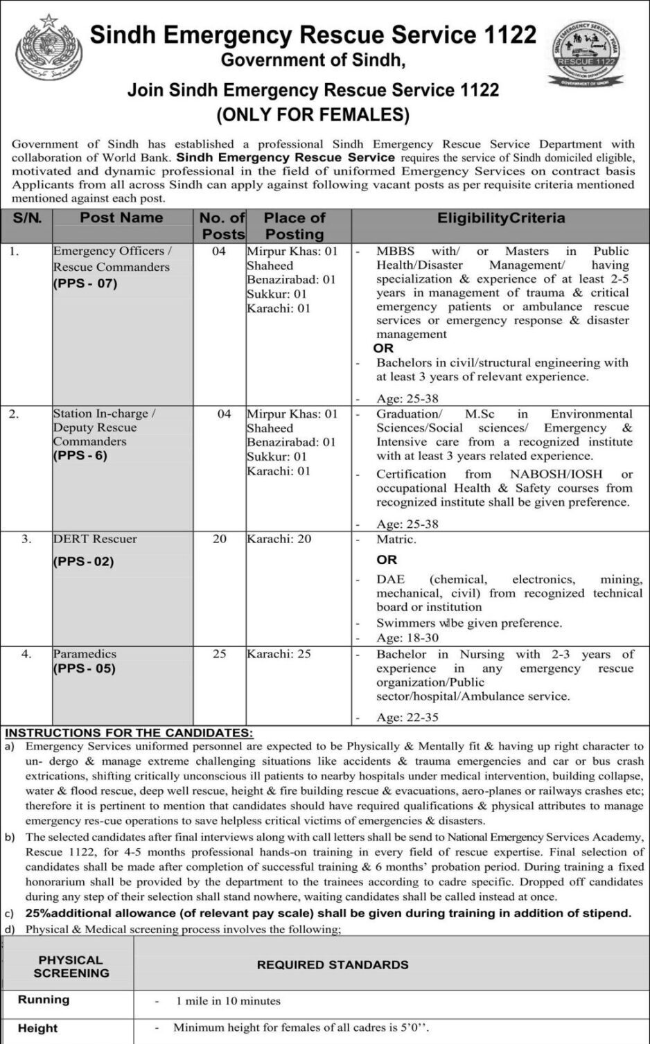 Latest jobs in Rescue 1122 Sindh 2023 Official Advertisement