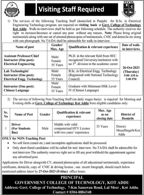 Latest jobs in Government College Of Technology Rajanpur 2023 Official Advertisement
