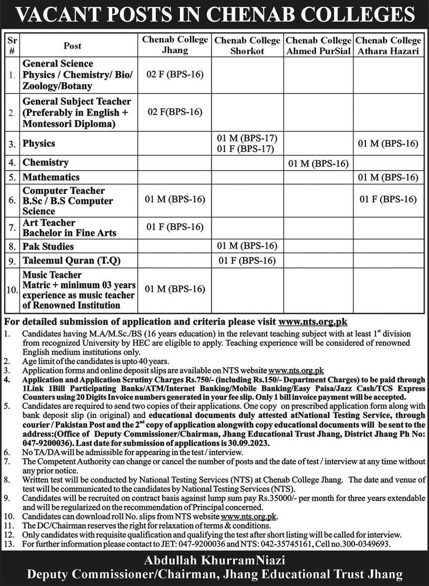 New jobs in NTS Teaching 2023 In College official advertisement