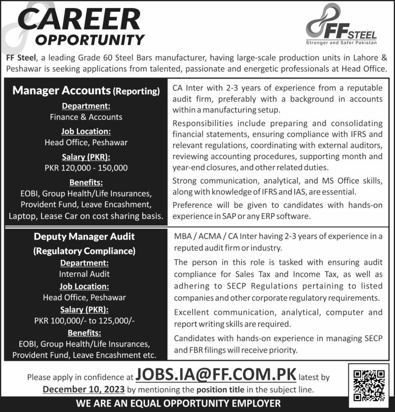 Latest FF Steel Company Jobs In Peshawar 2024 Official Advertisement