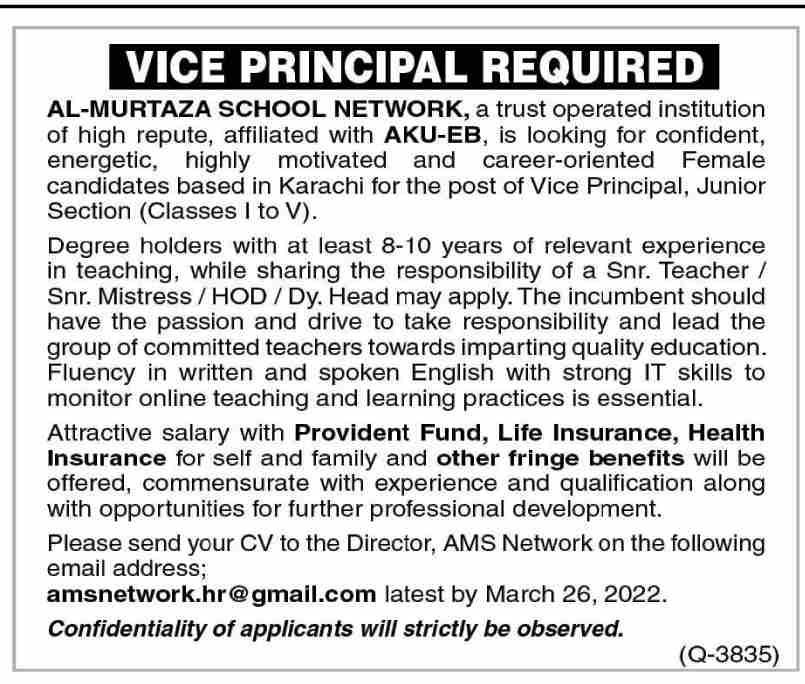 Vice Principal Jobs In Al Murtaza School Karachi 2024 Official Advertisement